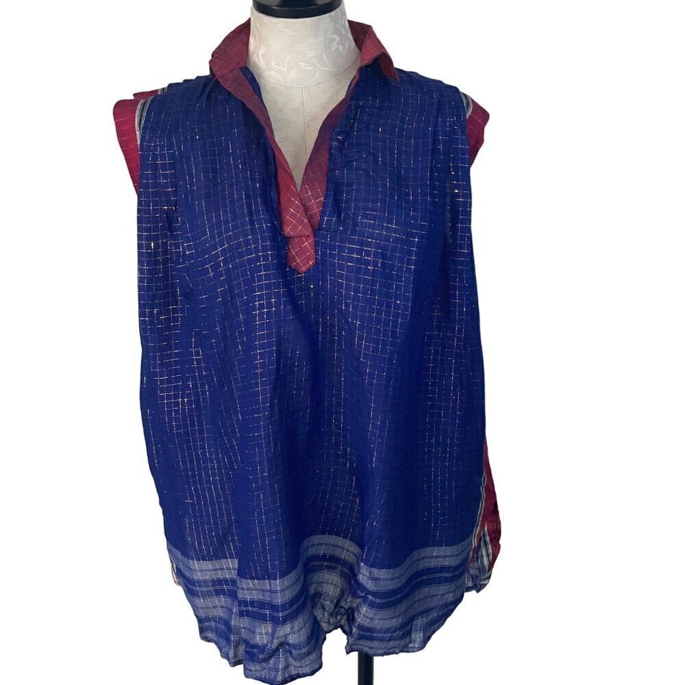Indian Summer Vintage Womens Top Size M Blue Metallic Thread Embellished Tunic